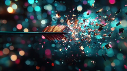 Shattered arrow impacting a bokeh background.