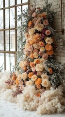 Enchanted Floral Forest Comes Alive: Wide Photographic Background with White Floor, Garland of Yellow Orange Beige Roses, Hanging Lanterns, Misty Fairy Atmosphere