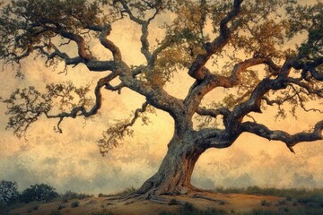 Fototapeta premium Ancient oak tree, gnarled branches reaching skyward, bathed in warm sunset light. Nature's majestic art.