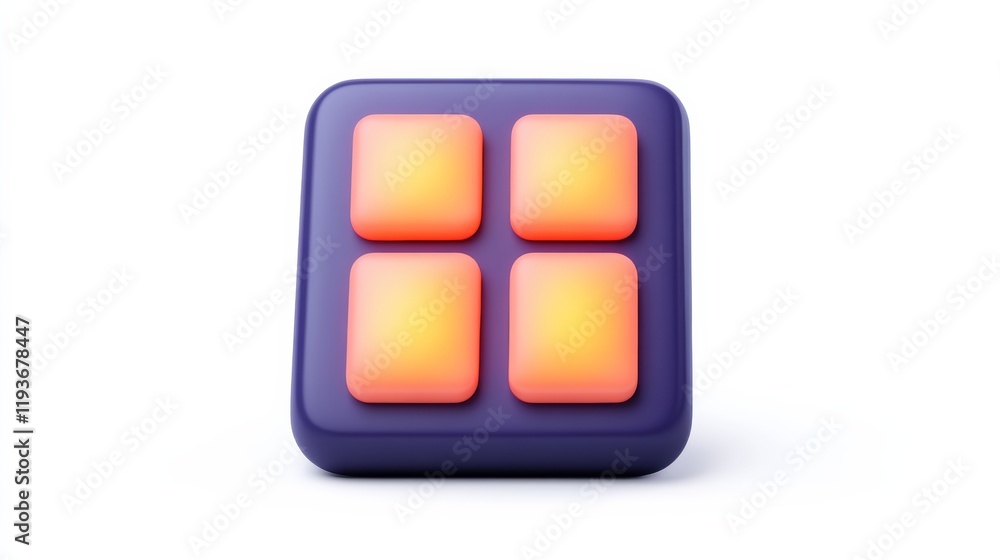 Poster a smooth, squared button with four glowing orange squares on a purple background, designed for inter