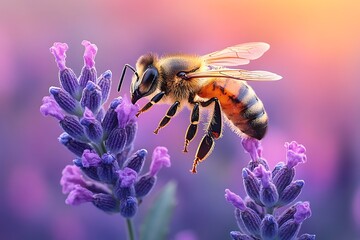 Honeybee Pollinating Lavender Flowers in Soft Light