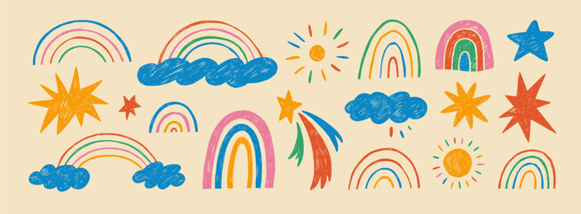 Funky naive doodle clouds, rainbows and star in colorful kid's style. Crayon drawn doodle shapes and figures.