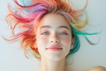 Fototapeta premium Colorful Hair and Bright Smile of a Young Girl with Freckles