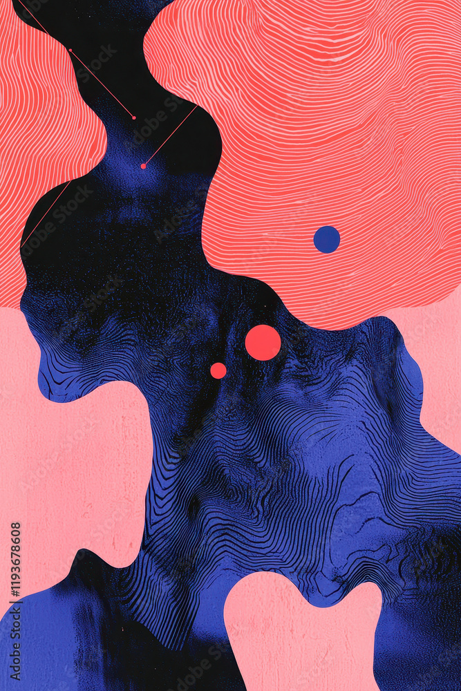 Poster dynamic abstract artwork featuring vibrant pink and blue patterns with intricate lines and geometric