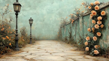 Enchanted Floral Forest Comes Alive: Wide Photographic Background with White Floor, Garland of Yellow Orange Beige Roses, Hanging Lanterns, Misty Fairy Atmosphere