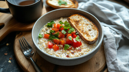 Fototapeta premium Delicious breakfast bowl with tomatoes and toast