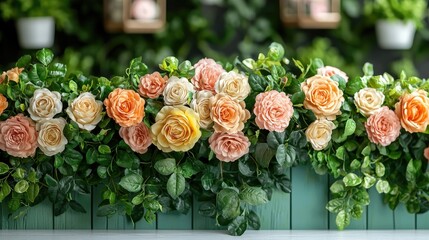 Enchanted Floral Forest Comes Alive: Wide Photographic Background with White Floor, Garland of Yellow Orange Beige Roses, Hanging Lanterns, Misty Fairy Atmosphere
