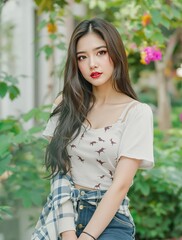 Fototapeta premium The Crimson Bloom in the Garden: A Portrait of Japanese Elegance, a Woman in Sophisticated Attire, Seated Outdoors Amidst Lush Greenery, with Dark Eyes and Crimson Lips 