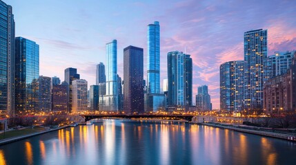 Obraz premium Cityscape at dawn, reflecting in calm river water.