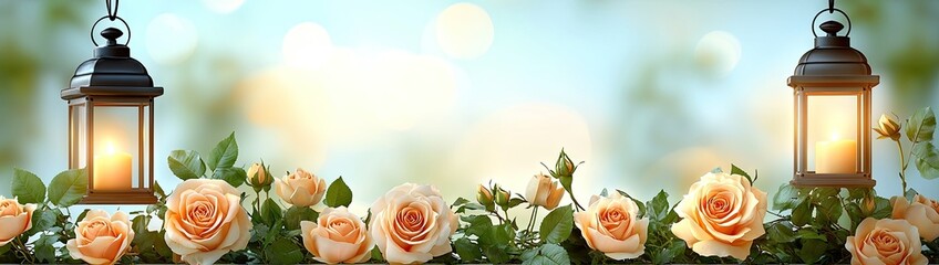 Enchanted Floral Forest Comes Alive: Wide Photographic Background with White Floor, Garland of Yellow Orange Beige Roses, Hanging Lanterns, Misty Fairy Atmosphere