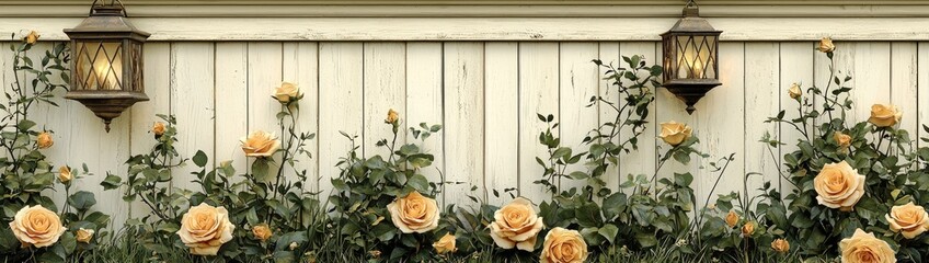 Enchanted Floral Forest Comes Alive: Wide Photographic Background with White Floor, Garland of Yellow Orange Beige Roses, Hanging Lanterns, Misty Fairy Atmosphere