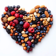 Nuts and berries heart shaped display of vegan goodness on a white background. 