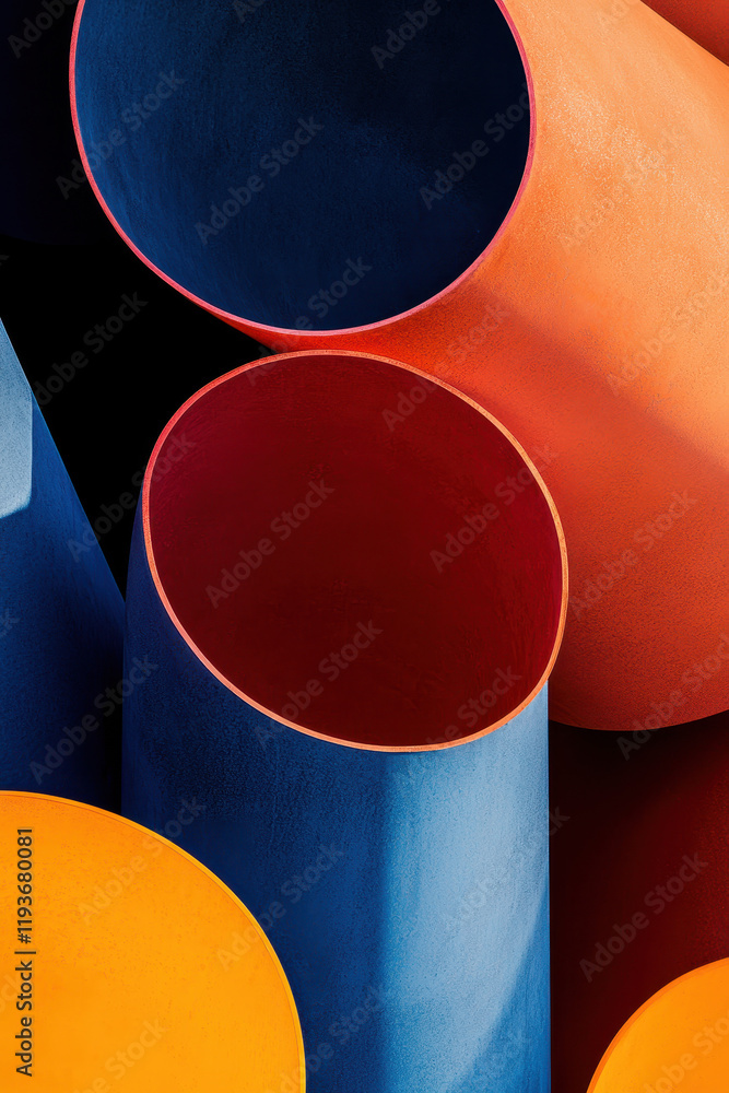 Poster dynamic abstract composition highlighting vibrant colorful tubes with bold curves and geometric patt