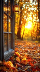 Enchanted Floral Forest Comes Alive: Wide Photographic Background with White Floor, Garland of Yellow Orange Beige Roses, Hanging Lanterns, Misty Fairy Atmosphere