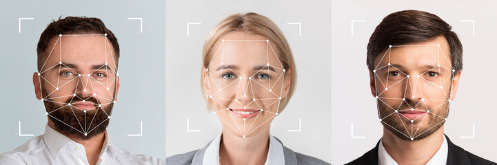 Three diverse faces are featured, demonstrating advanced facial identification technology.