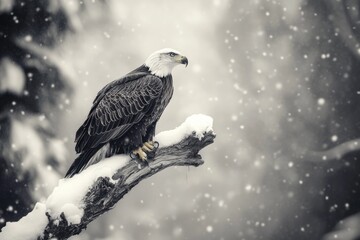 Majestic bald eagle perched on a snow-covered branch in a winter wonderland.