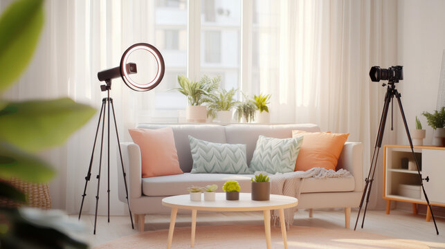 Cozy living room setup with camera and ring light for video content creation
