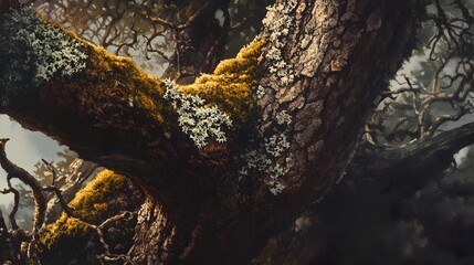 Moss Covered Tree Trunk And Branches In Forest
