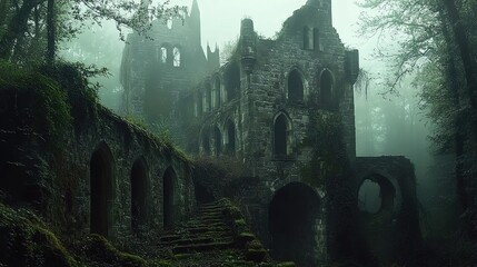 Obraz premium An abandoned medieval castle, overgrown with moss and ivy, shrouded in a foggy atmosphere, has a cinematic quality.
