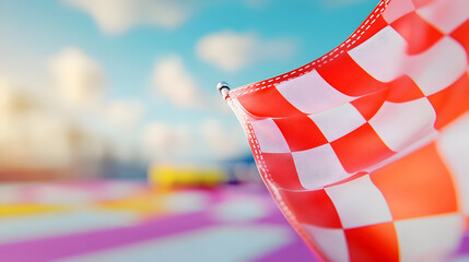 A checkered flag flutters at a vibrant racetrack under a blue sky with fluffy clouds