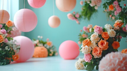 Enchanted Floral Forest Comes Alive: Wide Photographic Background with White Floor, Garland of Yellow Orange Beige Roses, Hanging Lanterns, Misty Fairy Atmosphere