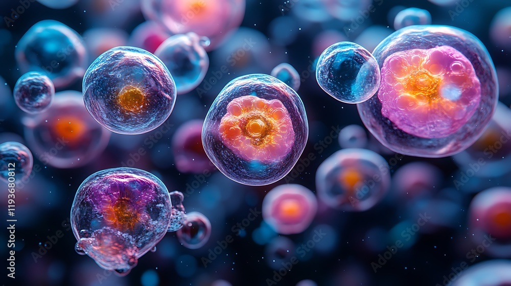 Poster microscopic view of vibrant cells in dynamic motion