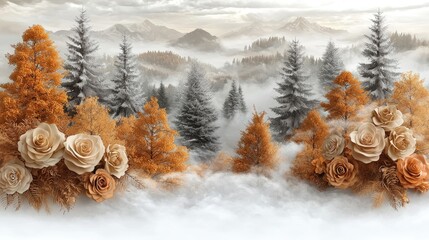 Enchanted Floral Forest Comes Alive: Wide Photographic Background with White Floor, Garland of Yellow Orange Beige Roses, Hanging Lanterns, Misty Fairy Atmosphere