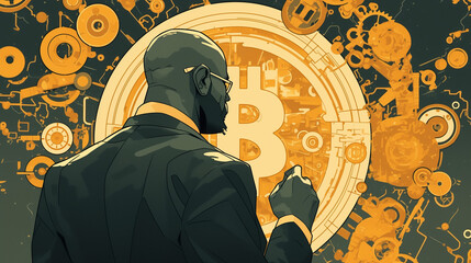 Businessman in a suit engaged with Bitcoin graphics and technology background in a modern digital setting