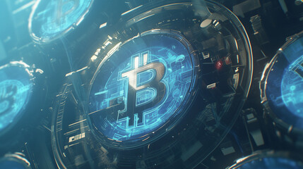 Detailed depiction of a digital representation of cryptocurrency with glowing symbols and high-tech background