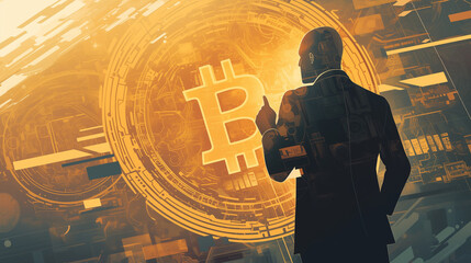 Person contemplating cryptocurrency trends against a digital background featuring a Bitcoin symbol