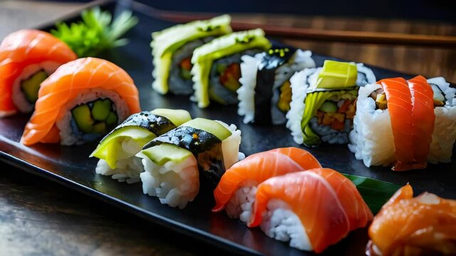 Sushi set with salmon, avocado, cucumber and nori seaweed on black plate