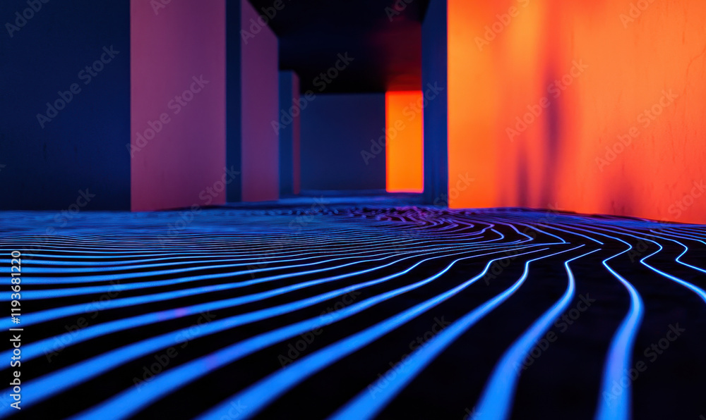 Poster exploring vibrant geometric patterns and neon glows in modern architectural design