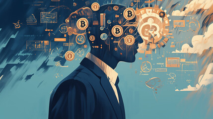 Conceptual representation of digital currency and blockchain technology influencing decision-making