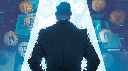 Businessperson contemplating cryptocurrency trends with digital currency icons in a futuristic environment
