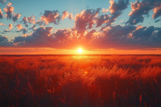 Over the idyllic rural field in Heathcote, Victoria, Australia, the sun sets beautifully