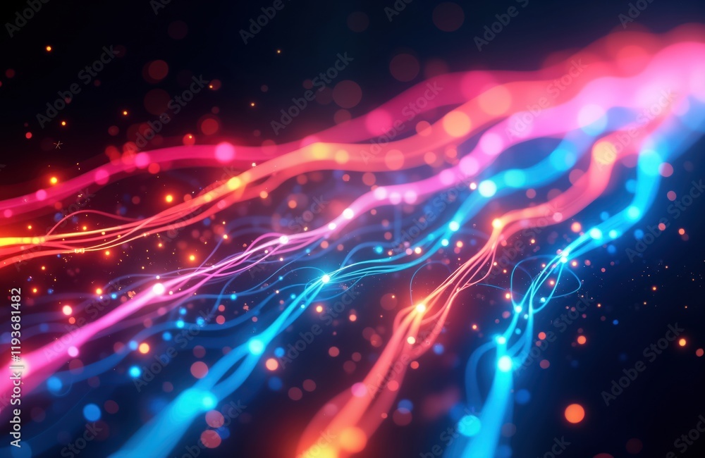 Aufkleber Abstract optic fiber cables create colorful waves. Dynamic lines, glowing particles form futuristic network. Modern tech, data flow evident. 3d image represents internet connection global