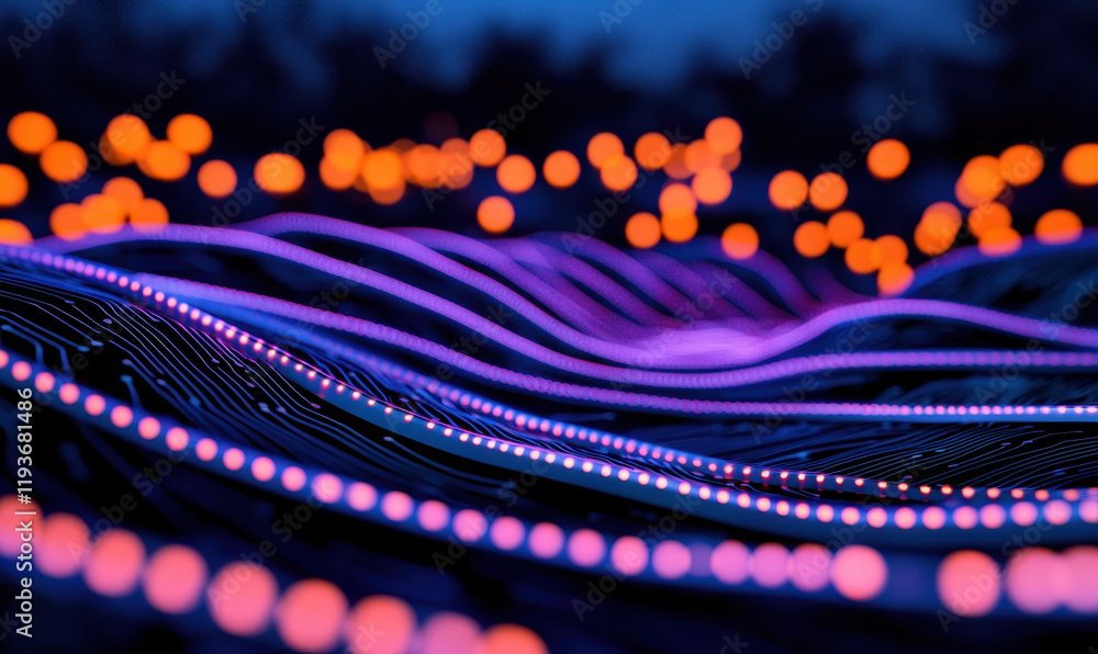 Poster vibrant neon waves and glowing bokeh lights creating a futuristic and dynamic digital landscape in a