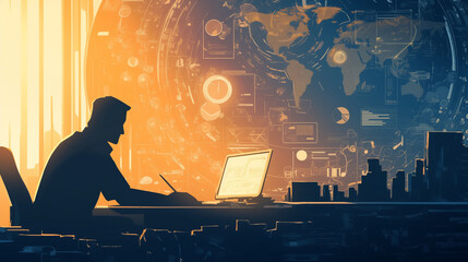 Person working late at night with computer in futuristic office with illuminated cityscape and data visuals