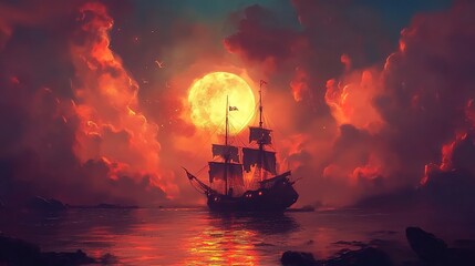 Obraz premium A pirate ship sailing on the ocean under a glowing moon, surrounded by clouds of fire and orange light.