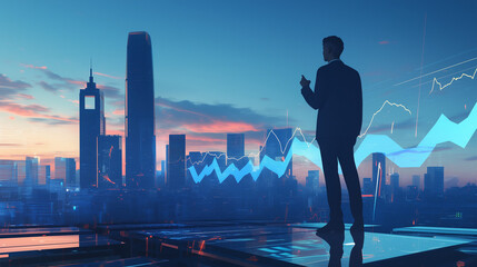 Business professional analyzes market trends during sunset, overlooking a modern city skyline with digital graphs