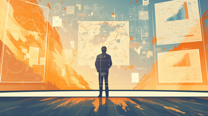 Person views interactive data displays in a digital control room, analyzing trends and patterns during the day