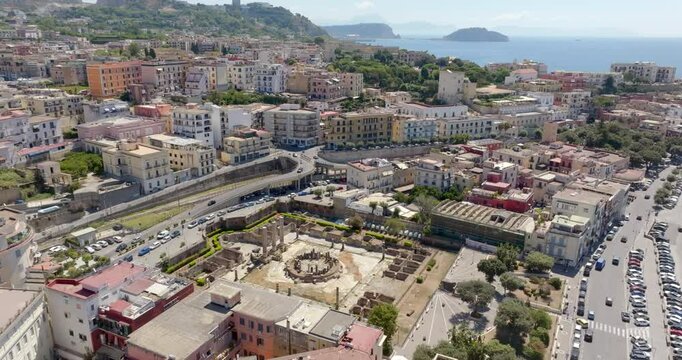 Aerial view the Macellum of Pozzuoli, near Naples, Italy. It was market building of the Roman colony of Puteoli. It was mistakenly known as the Temple of Serapis.