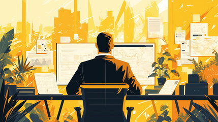 Professional working in a modern office with city skyline view during golden hour, surrounded by plants and documents