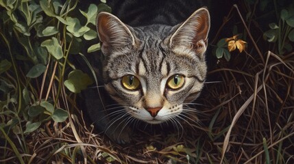 Stealthy Grey Striped Feline Stalks Through Sparse Greenery in a Close-Up Scene