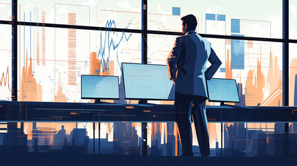 Business professional analyzes data trends in a modern office environment with city skyline view
