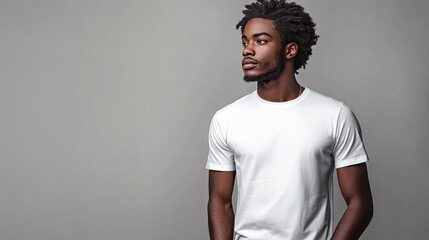 Obraz premium Young man with stylish hair posing in a plain white t-shirt against a neutral gray background