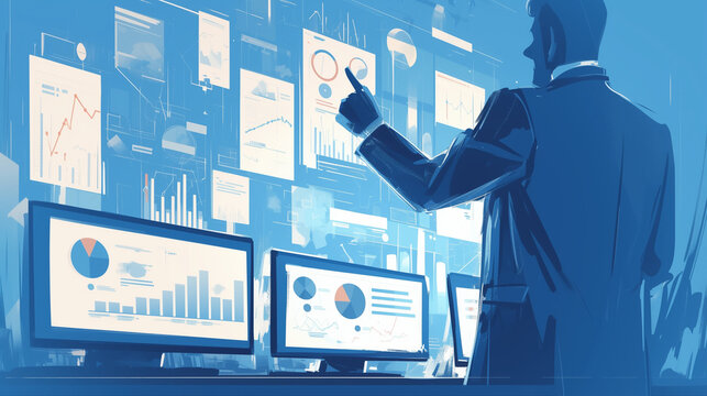 Business professional analyzing data with multiple screens in a modern office setting