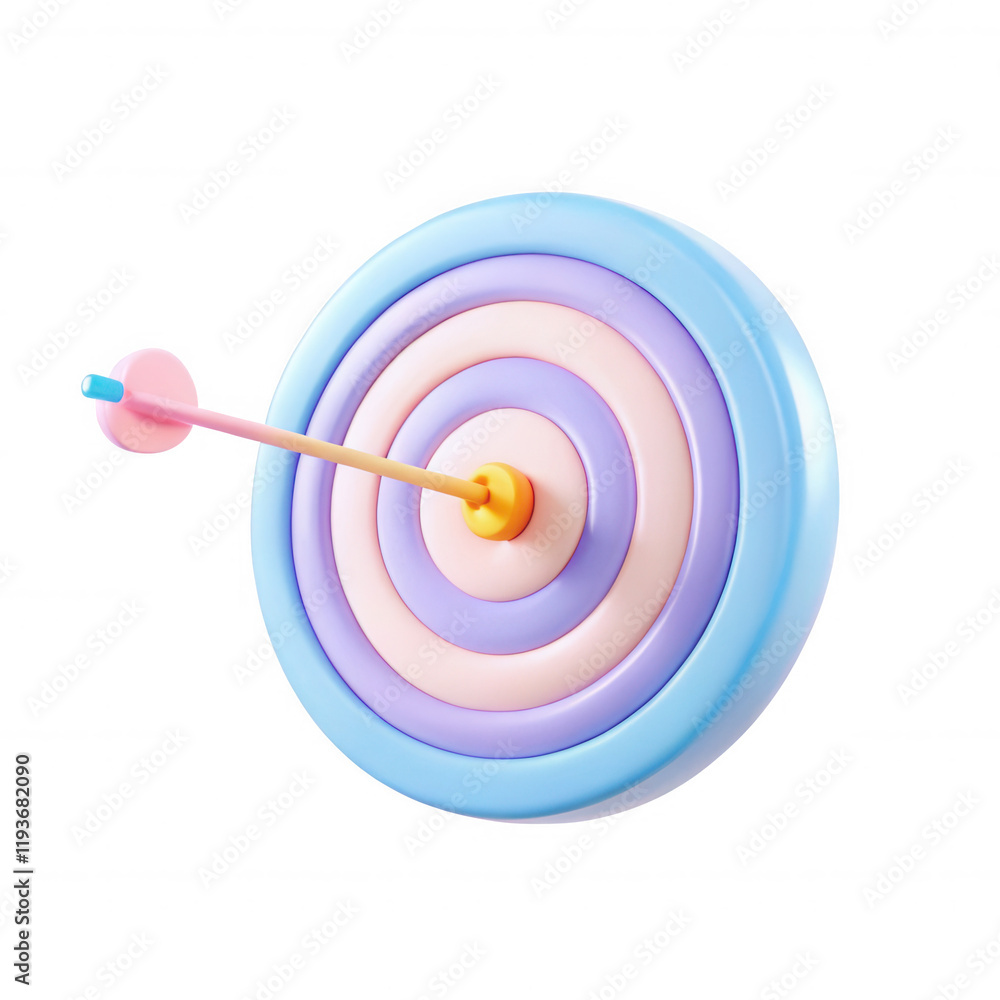 Poster a colorful 3d target design with concentric circles in pastel colors. an arrow hits the center, show