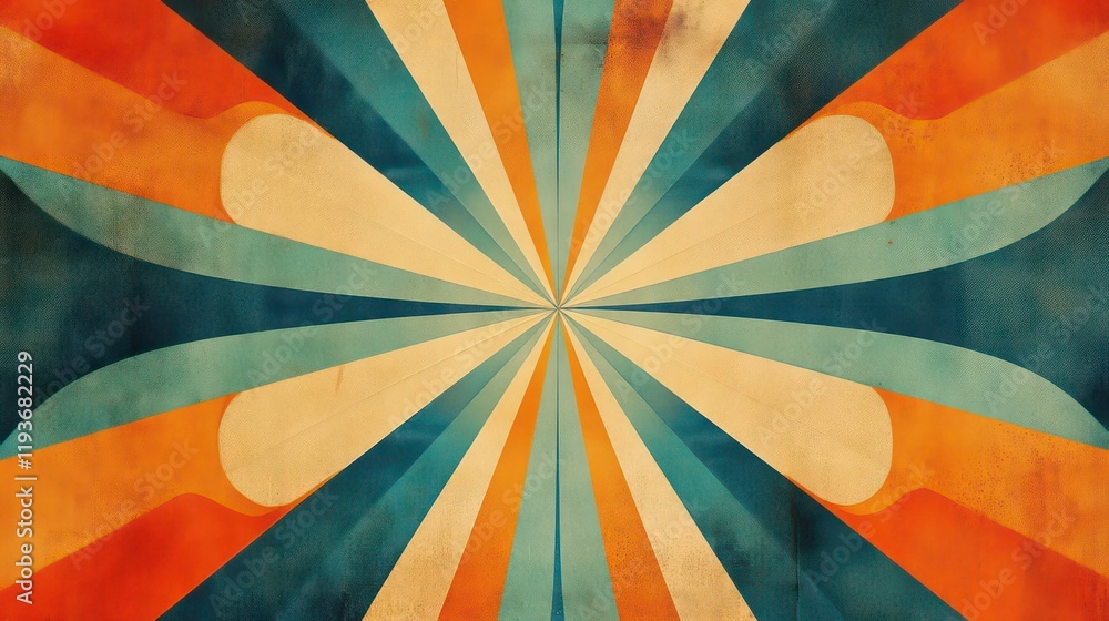 Poster abstract geometric pattern with converging colorful fans in blue, orange, and beige creating a radia