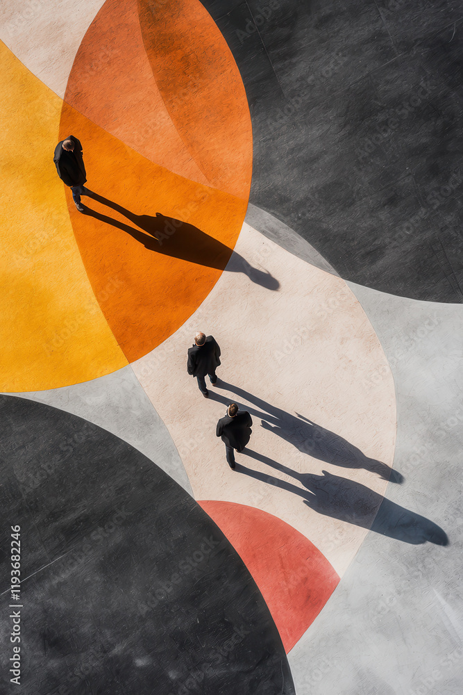 Poster Exploring the Intersection of Colorful Geometry and Human Silhouettes in a Dynamic Urban Abstract Composition